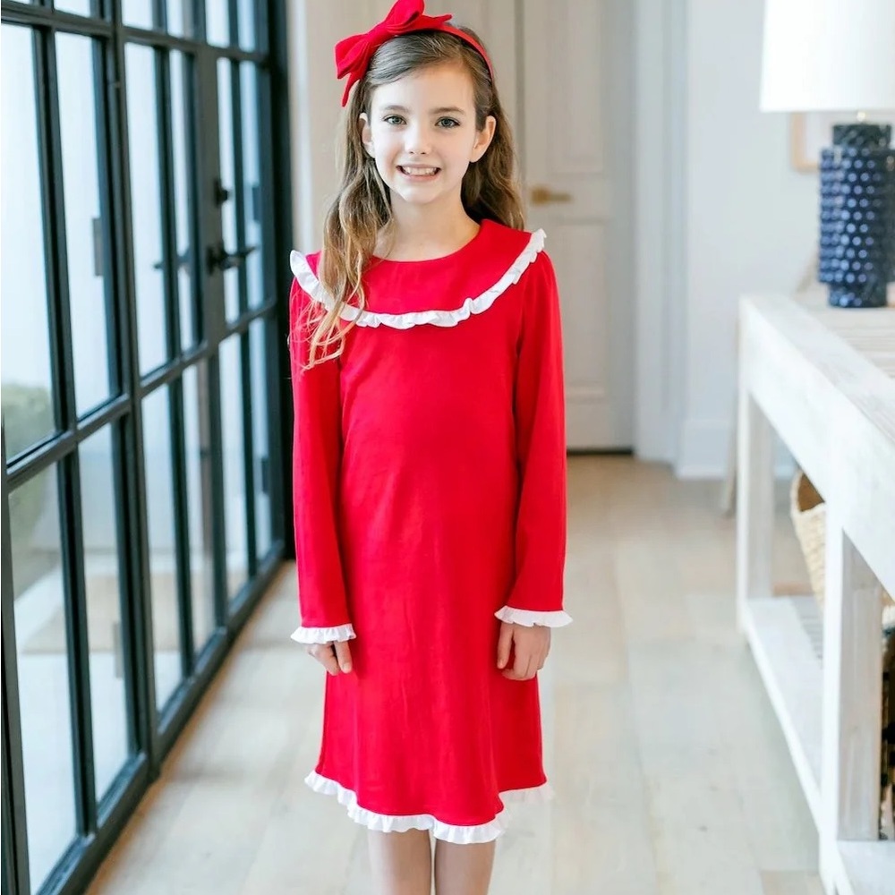 SUZIE Monogrammed Lila + Hayes Red Madeline Ruffle Collar Dress with White Trim